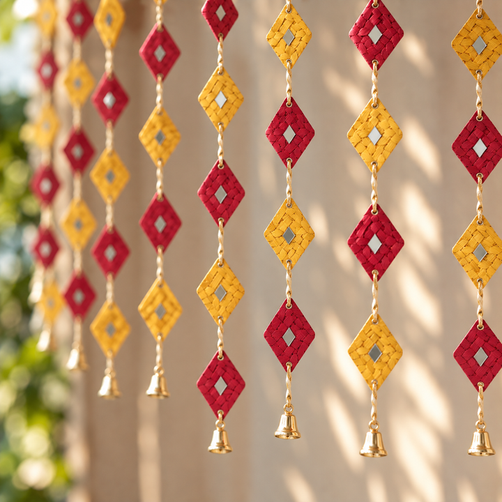 Mirror Embellished Eco-Friendly Handmade Woven Bamboo Hanging | 45 Inch x 2 Inch | Set Of 2