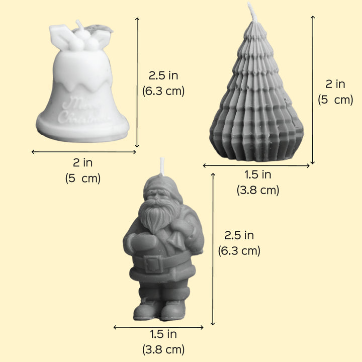 3 Pc | Handmade Xmas Tree, Santa & Bell Wax Candles For Christmas Decoration