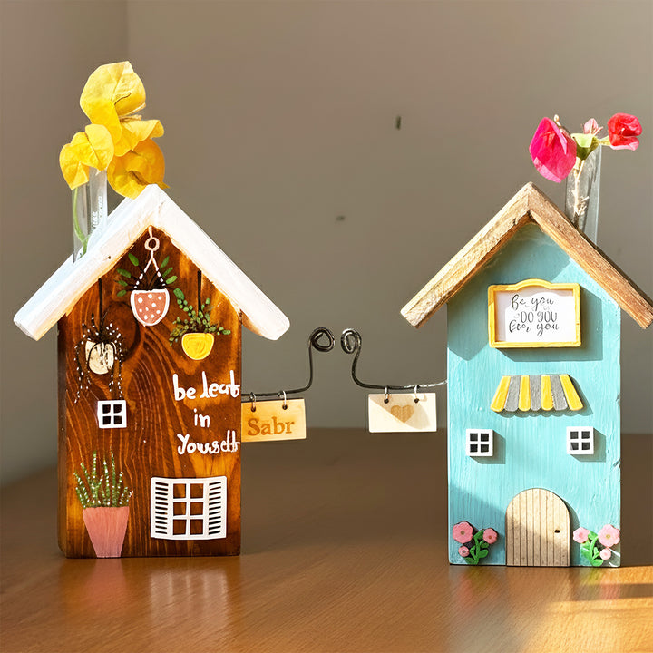 2 pc | Brown & Blue Handcrafted Miniature Wooden House Planter/Pen Holder
