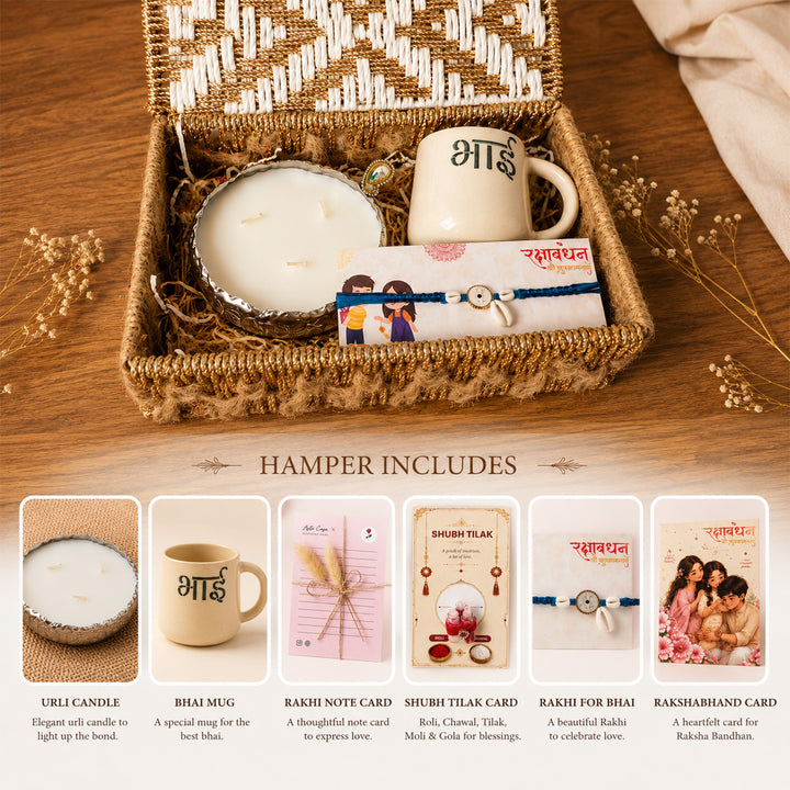 "Forever Bhai Celebration" Mug Ceramic Rakhi Hamper With Urli Candle & Metal Basket For Brother