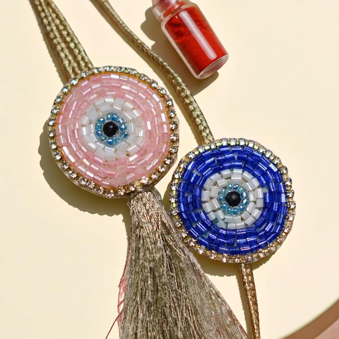 Handmade Beaded Evil Eye Bhaiya Bhabhi Rakhi With Roli Chawal Set Of 2 - Close-up Beaded Detail