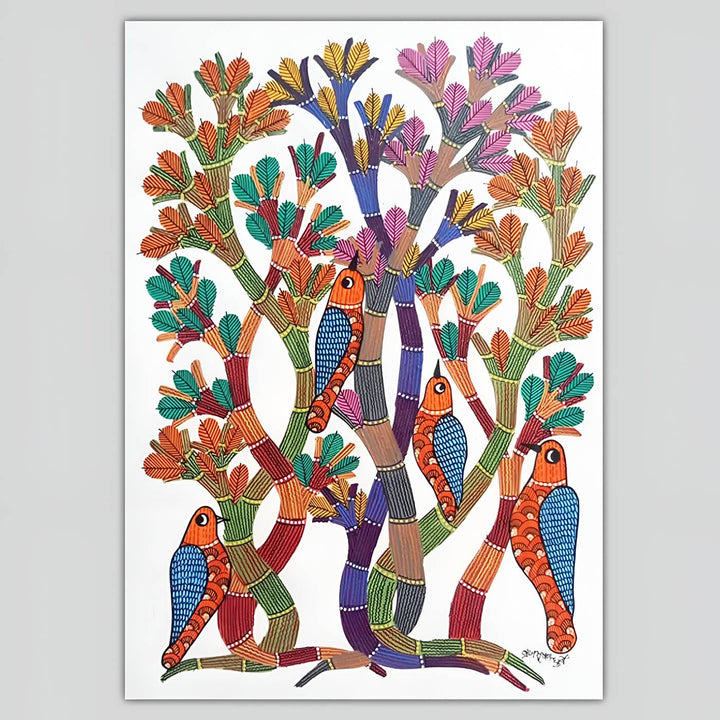 11 x 16 Inch | Birds & Nature | Original Hand Painted Tribal Gond Art Painting | Acrylic Paint On Paper