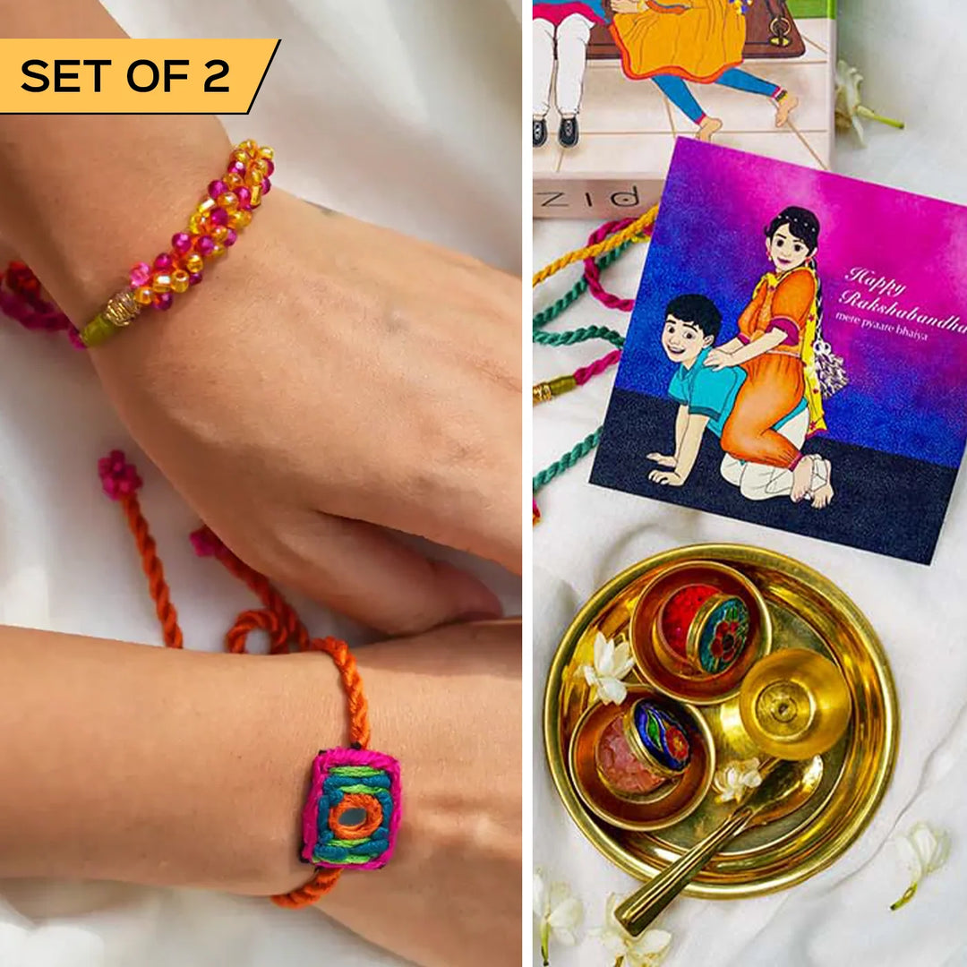 2 pc Rakhi + Brass Thali Set | Premium Knots Of Love Embroidered & Beaded Rakhi Set with Roli Chawal
