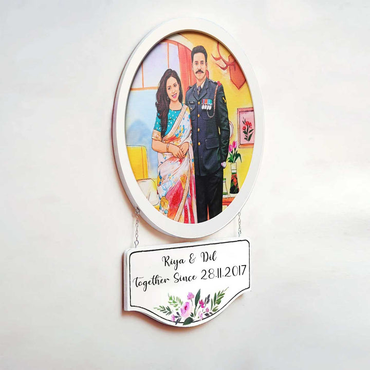 Photo Caricature Hanging Name Plate For Couples - Side View Hanging with Personalized Plaque