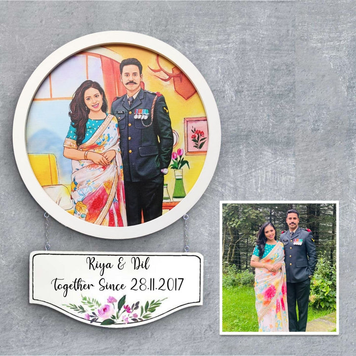Photo Caricature Hanging Name Plate For Couples - Oval Frame Front View with Date Plate