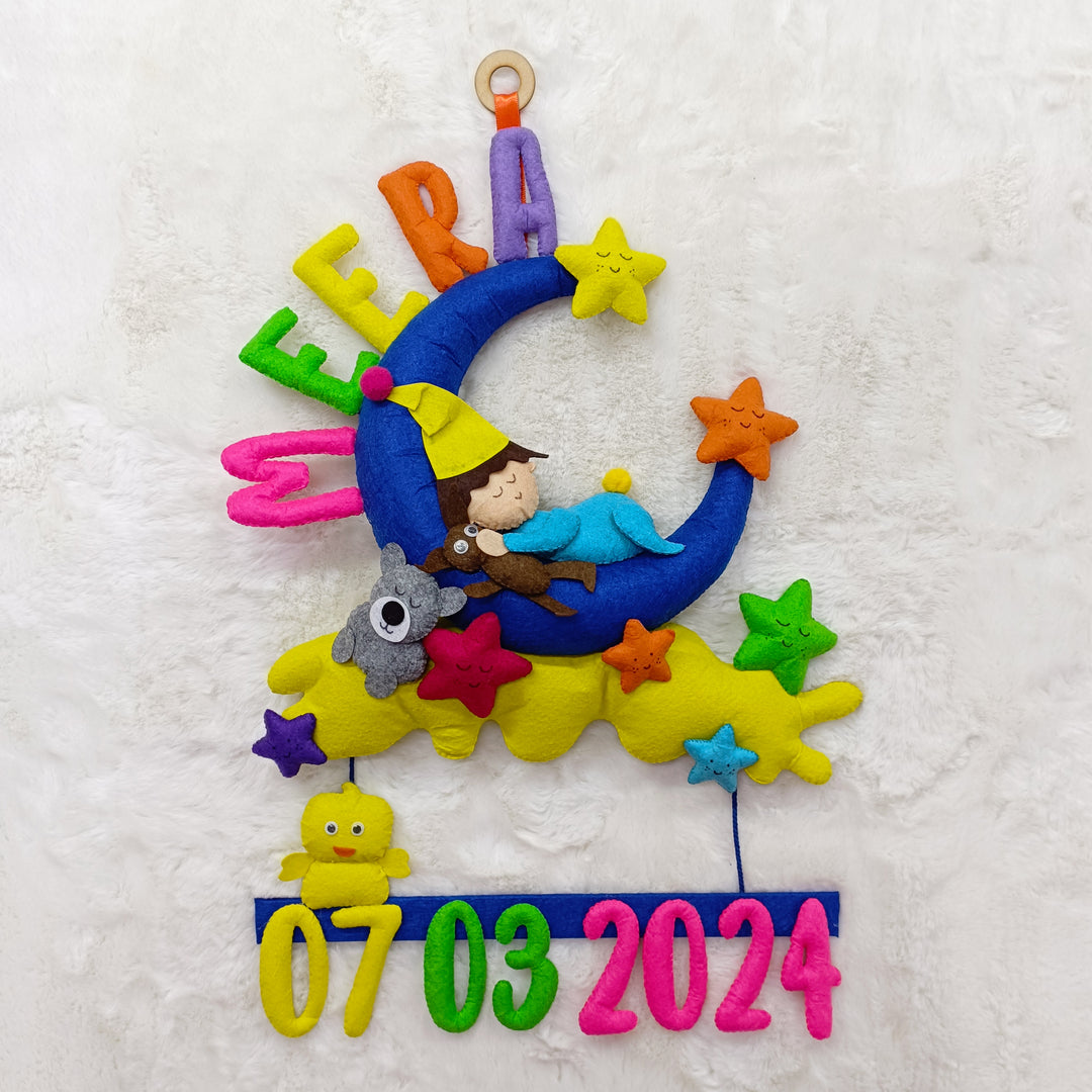 Handcrafted Personalized Baby Moon Felt Name Plates For Kids With Date Of Birth - Hanging Display with Date Personalization