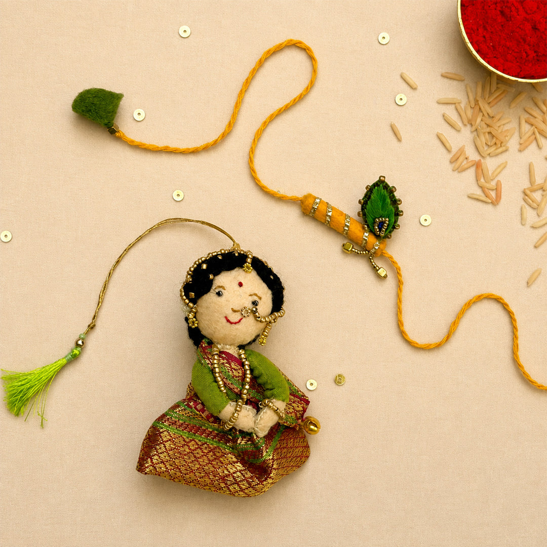 Hand Embroidered Radha Bansuri Rakhi Lumba Set For Bhaiya Bhabhi