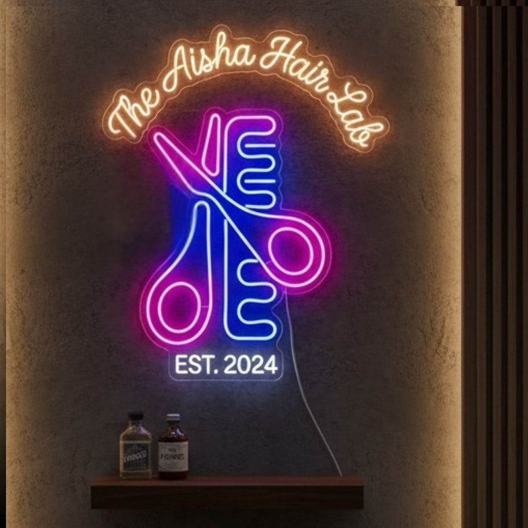 Personalized Hair Salon Neon Light Sign Board With Scissor Comb Motif