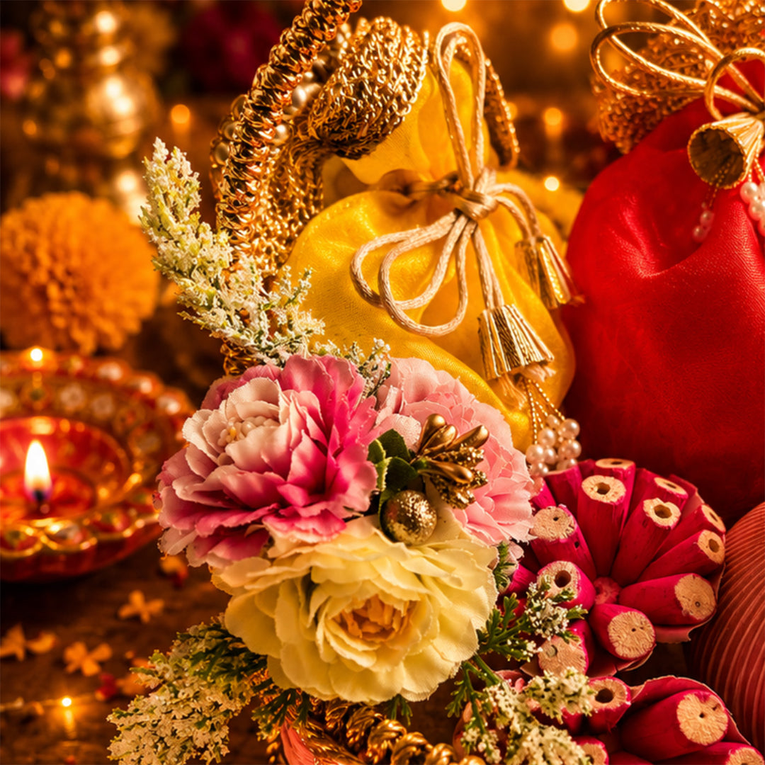 Rangoli Pink Basket Diwali Gift Hamper With 2 Shubh Labh Potlis And Almonds For Festive Gifting