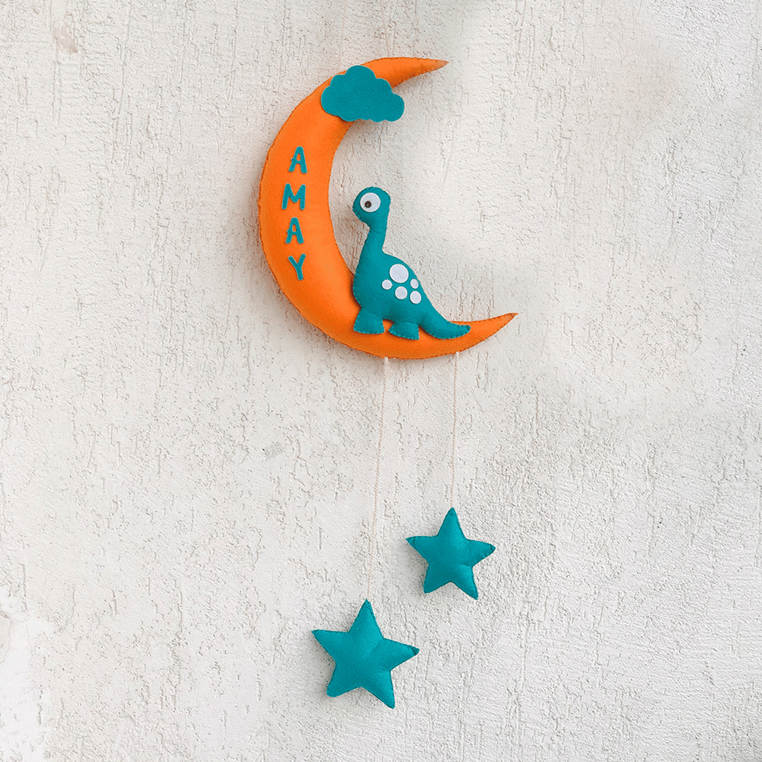 Handmade Dino on the Moon Kids Felt Name Hanging