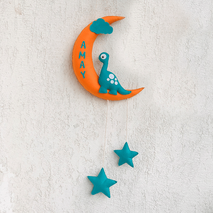 Handmade Dino on the Moon Kids Felt Name Hanging