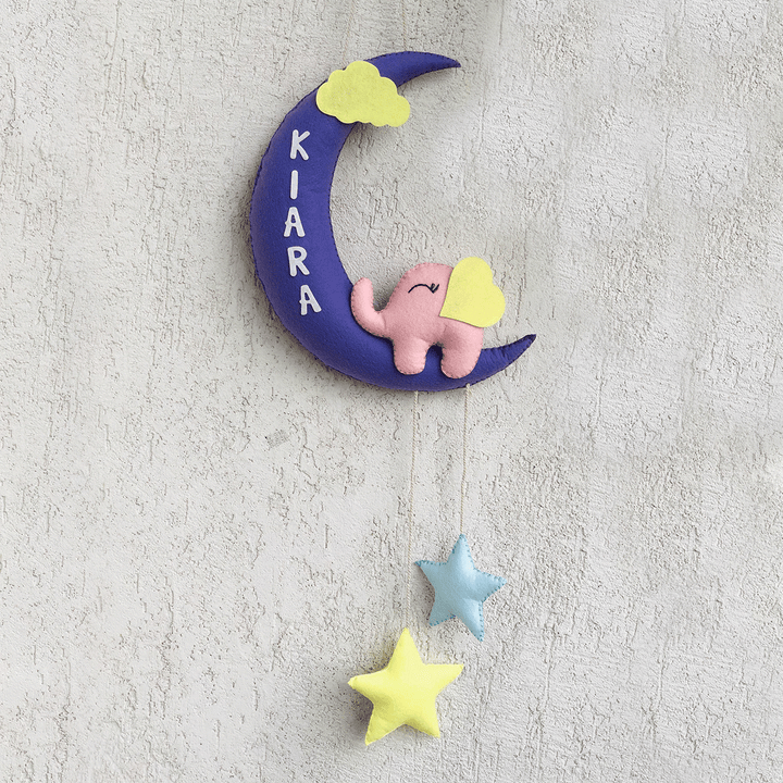 Handmade Elephant on the Moon Kids Felt Name Hanging