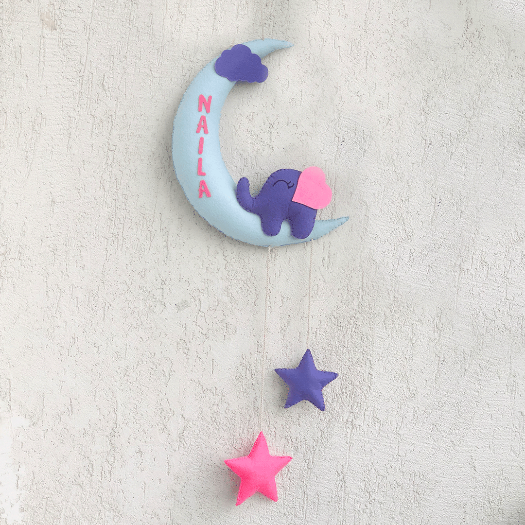 Handmade Elephant on the Moon Kids Felt Name Hanging