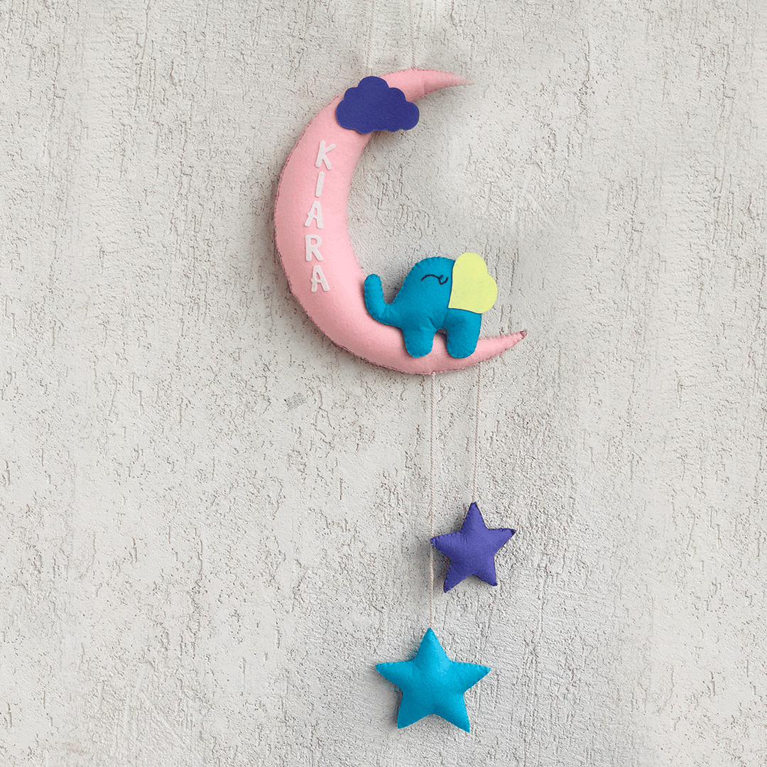 Handmade Elephant on the Moon Kids Felt Name Hanging