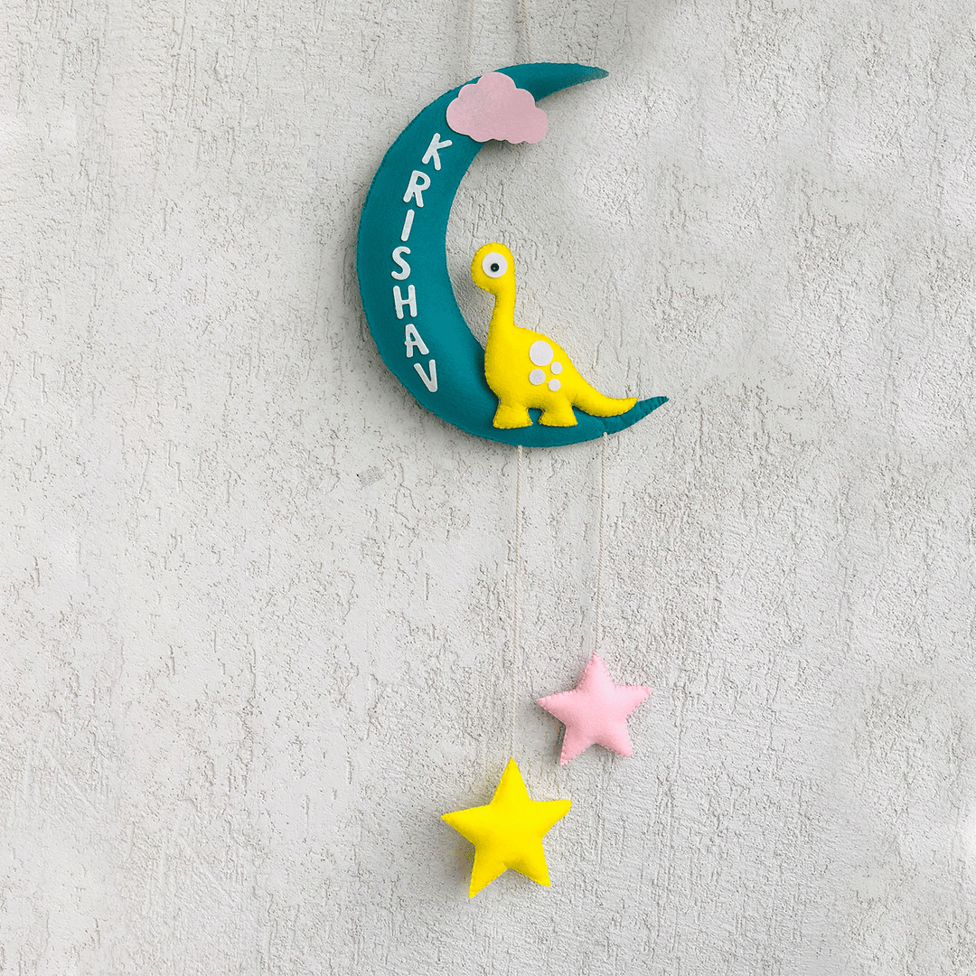 Handmade Dino on the Moon Kids Felt Name Hanging