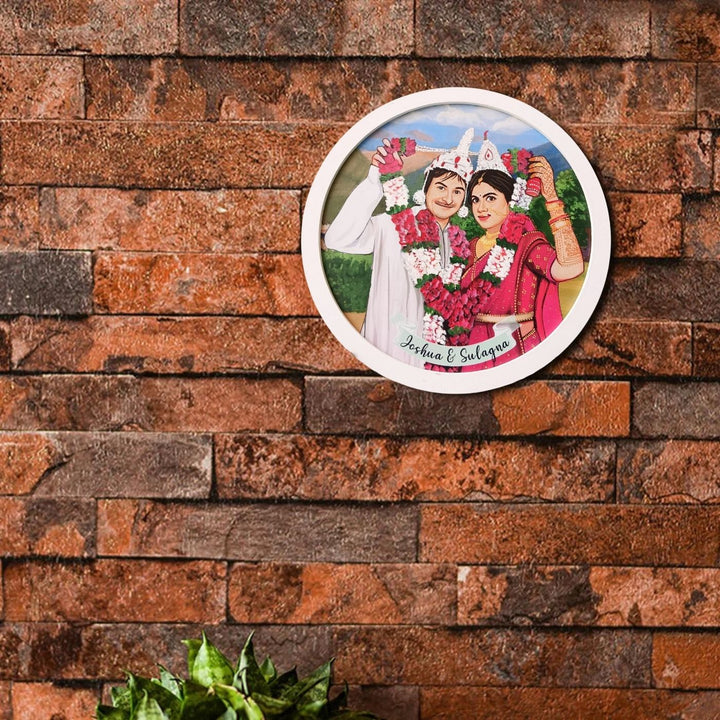 Photo Caricature Name Plate With Stand For Wedding Couples - Mounted on Brick Wall Close-up