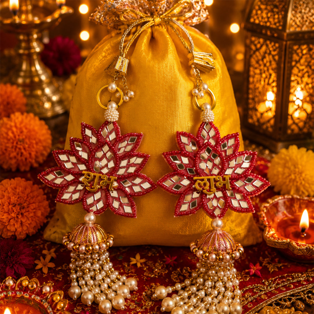 Rangoli Pink Basket Diwali Gift Hamper With 2 Shubh Labh Potlis And Almonds For Festive Gifting