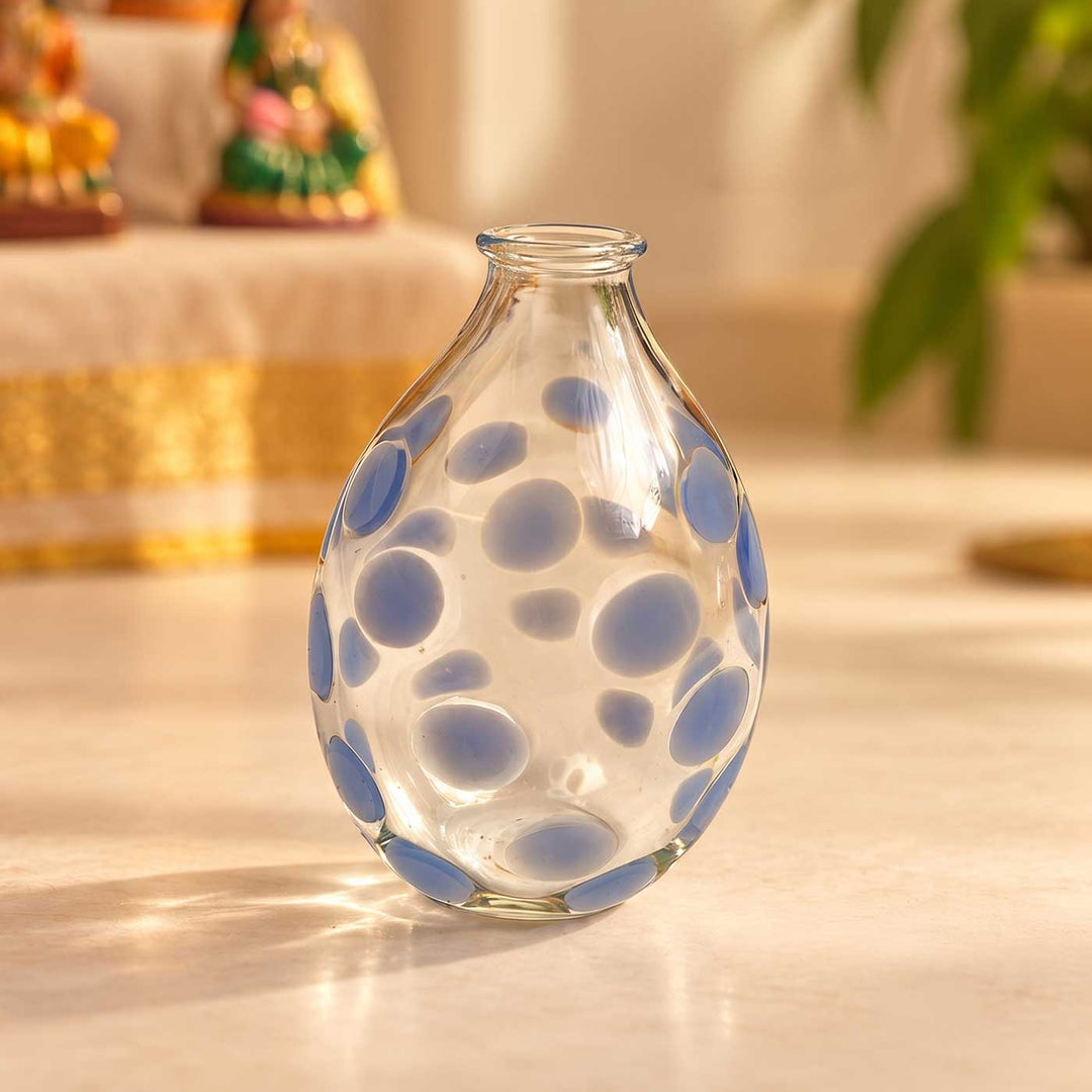 Handmade Clear Blue Polka Dot Small Glass Art Vase For Home Decor