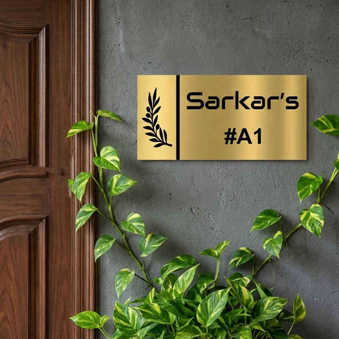 Leaf Engraved Personalized Golden Metal Name Plate | Rectangular, Outdoor, Weather Proof