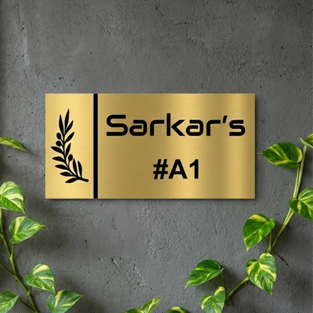 Leaf Engraved Personalized Golden Metal Name Plate | Rectangular, Outdoor, Weather Proof