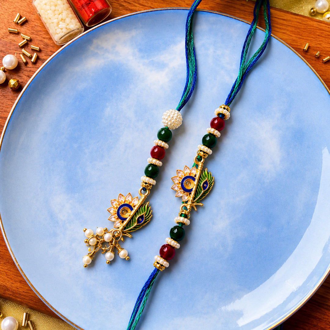 Handmade Bansuri Charm Rakhi With Lumba With Roli Chawal For Bhaiya Bhabhi | Set Of 2
