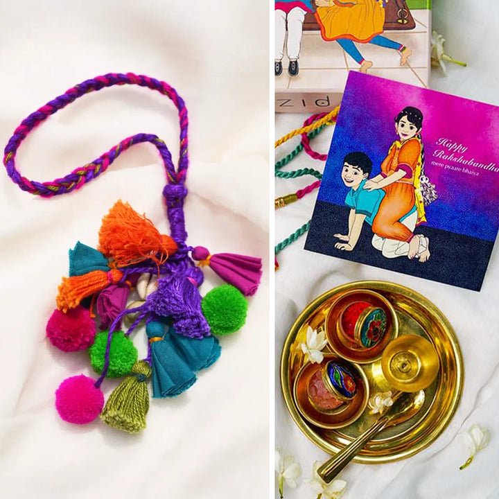 1 pc Lumba + Brass Thali Set | Premium Rangeela Pom Pom & Tassels Lumba with Roli Chawal
