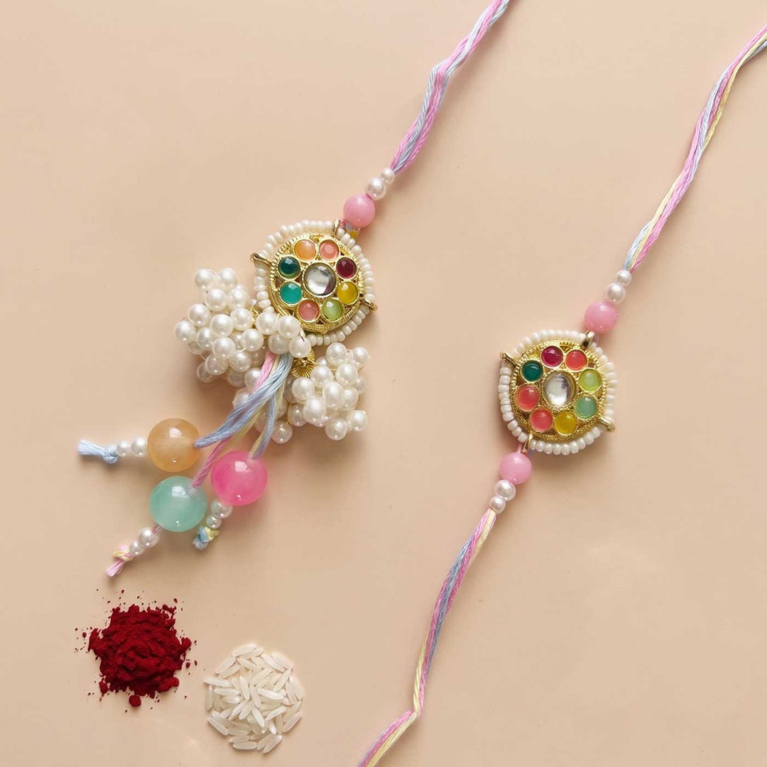 Handcrafted Kundan "Navratan" Couple Rakhi & Lumba Set With Roli Chawal for Bhaiya Bhabhi