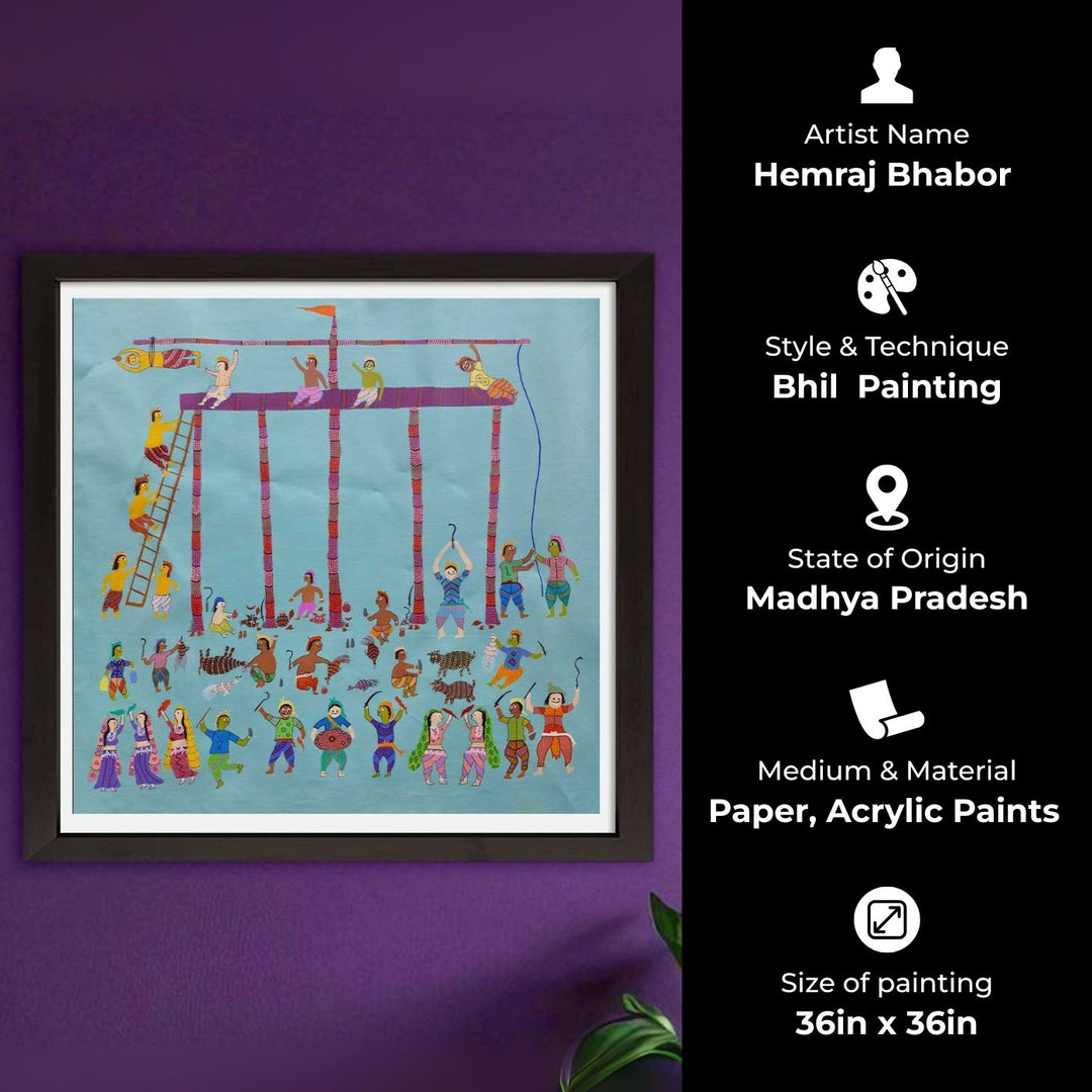 36 x 36 Inch | Festival of the Village | Original Hand Painted Bhill Painting | Acrylic Paints On Canvas