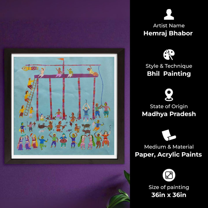 36 x 36 Inch | Festival of the Village | Original Hand Painted Bhill Painting | Acrylic Paints On Canvas