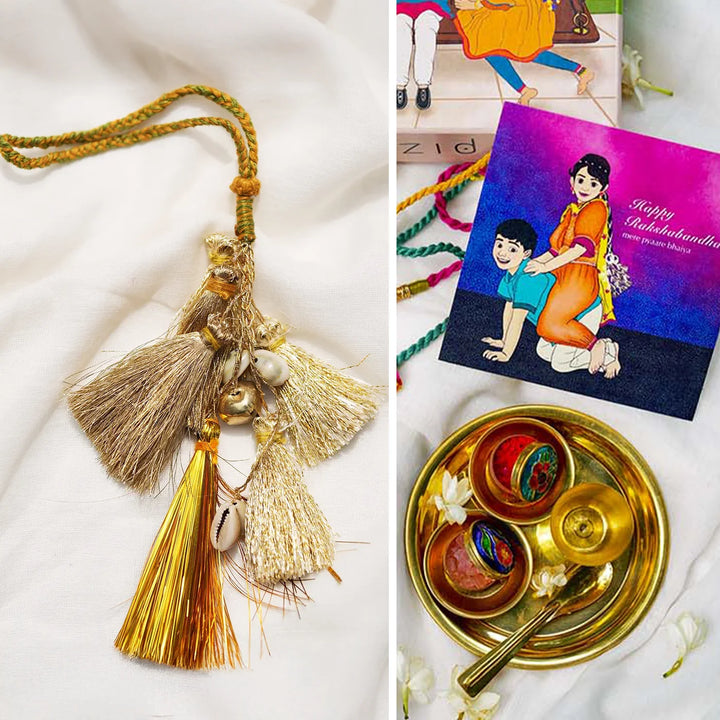 1 pc Lumba + Brass Thali Set | Premium Kaju Katli Golden Tassel Lumba with Roli Chawal