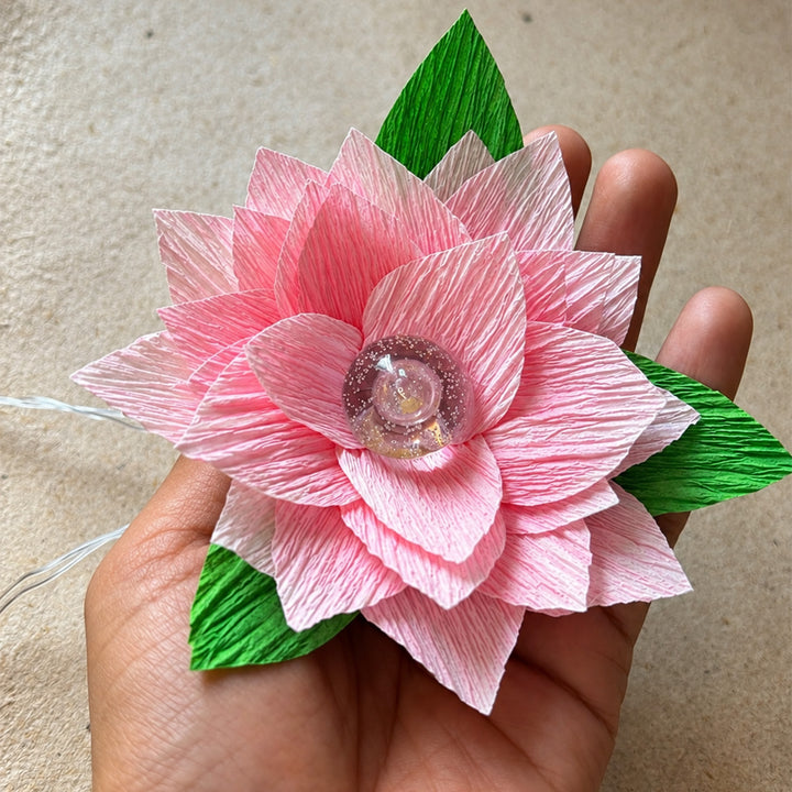 Handmade Phool Jhalar Crepe Paper Flower LED Fairy Light For Festive Decor - Baby Pink & Green