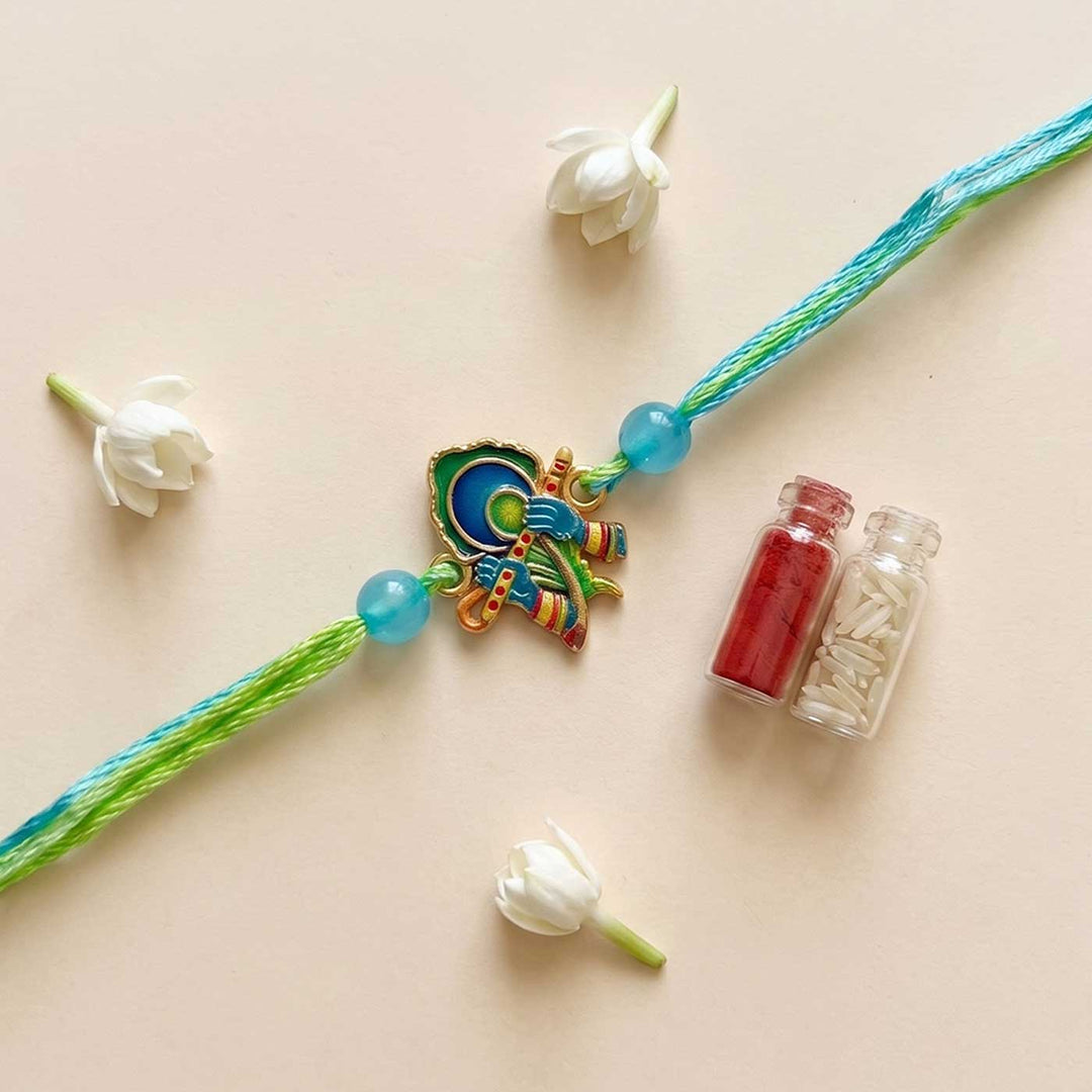 Engraved Lord Krishna Enamel Metal Charm Rakhi With Roli Chawal for Brother