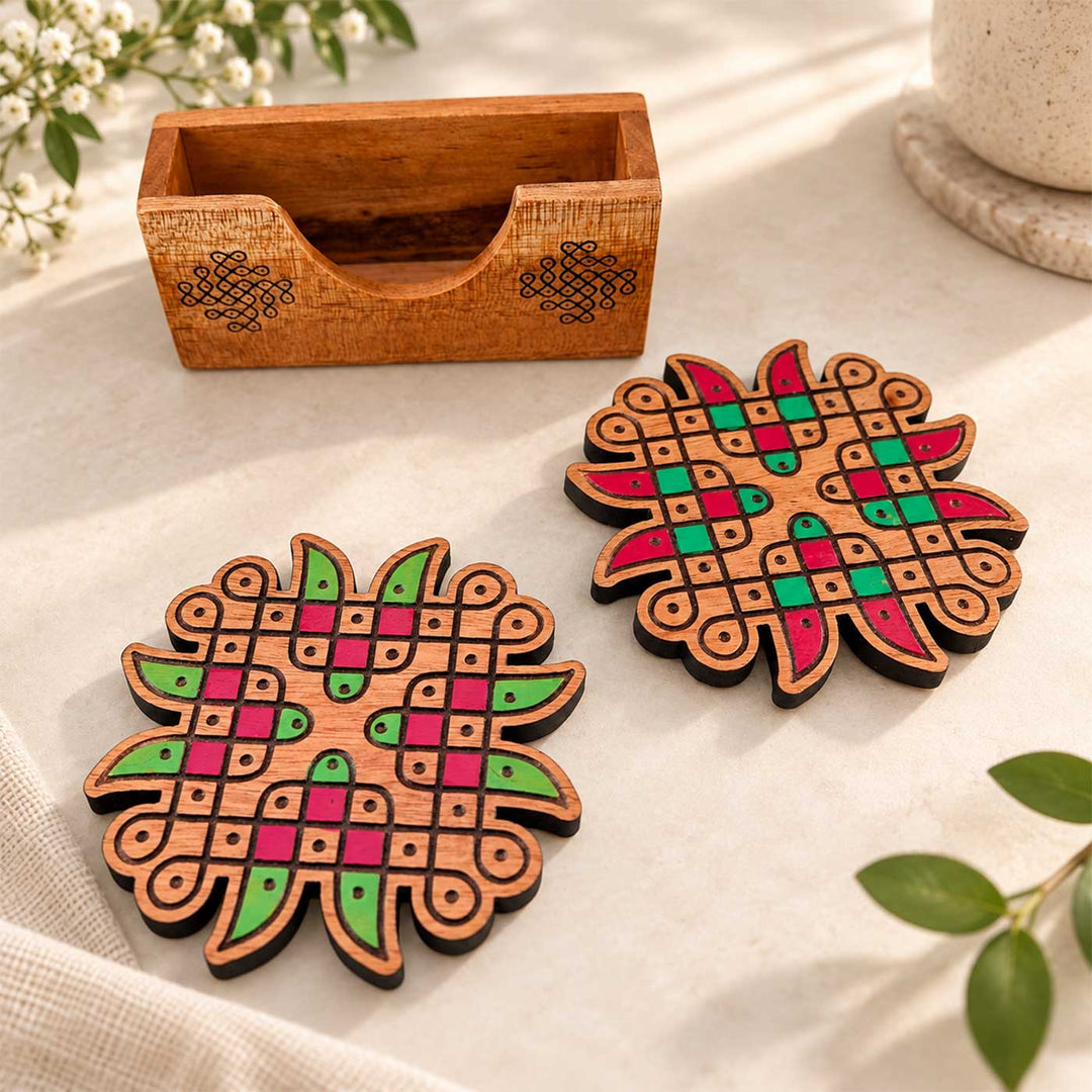 2 pc | Hand-Painted Engraved Mahogany Wood Floral Kolam Coasters With Holder For Coffee Table & Dining Decor