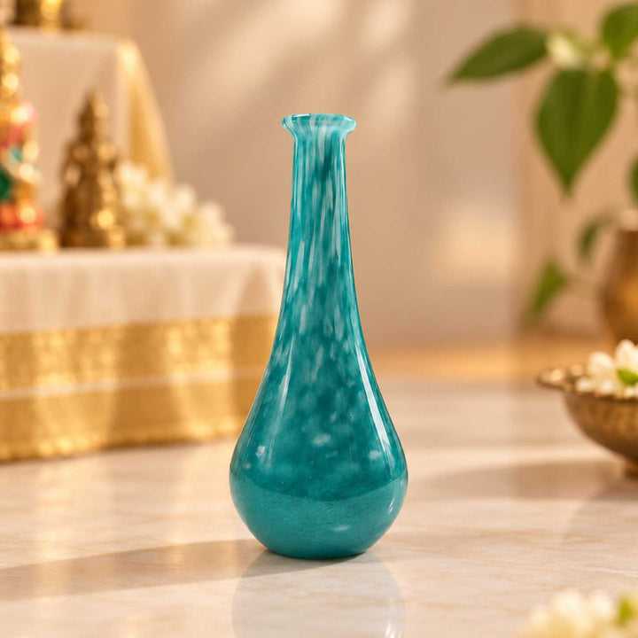 Handmade Teal Tall Bud Small Glass Art Vase For Home Decor