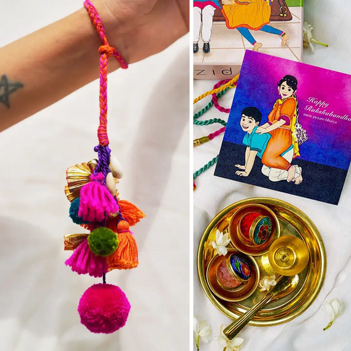 1 pc Lumba + Brass Thali Set | Premium Khatta Meetha Pom Pom Lumba with Roli Chawal
