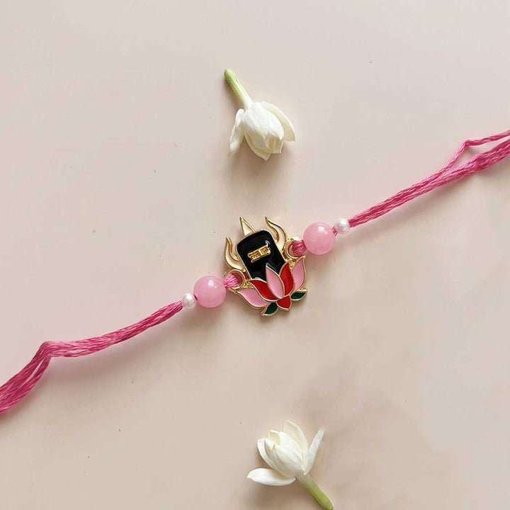 Engraved Lord Shiva Enamel Metal Charm Rakhi With Roli Chawal for Brother