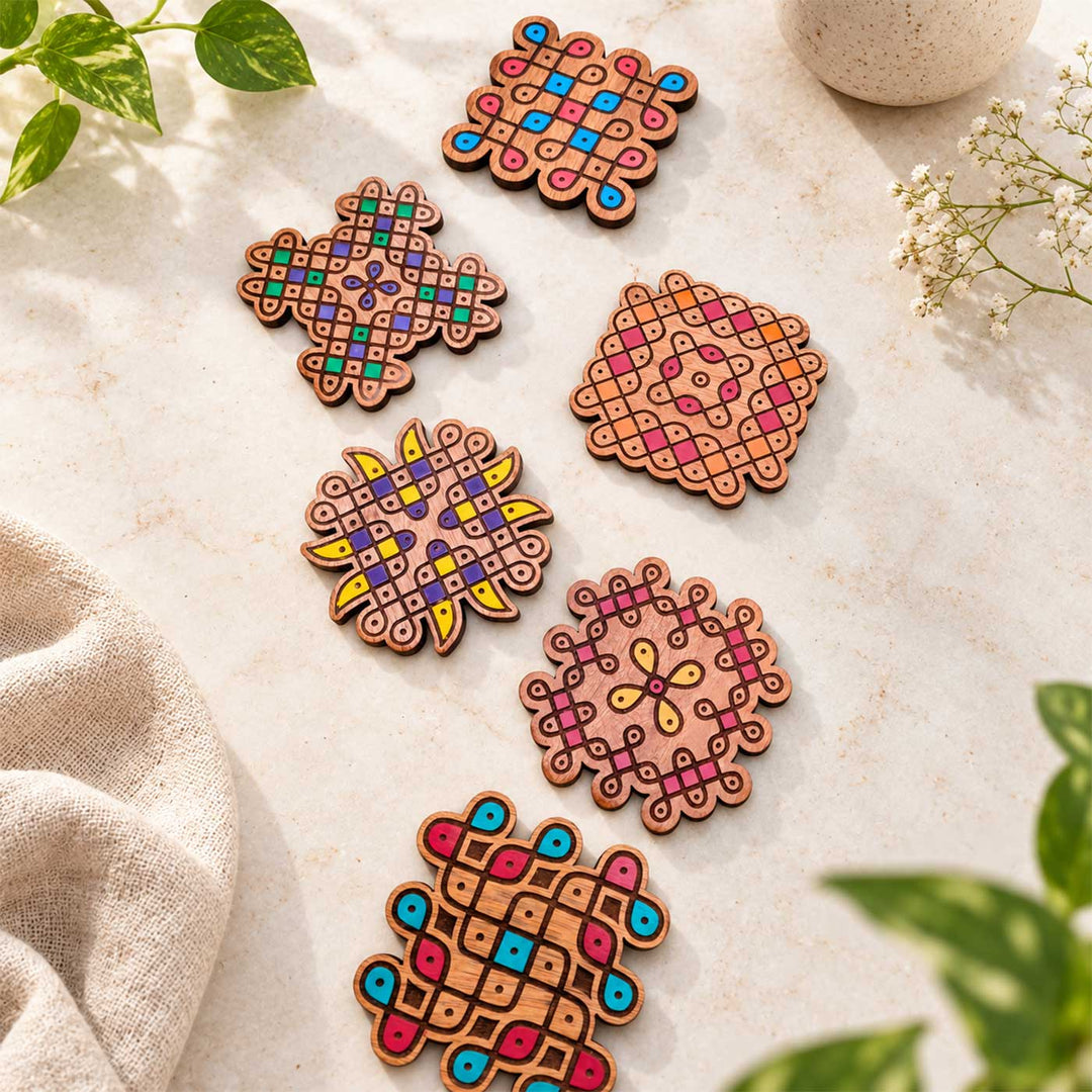 6 pc | Hand-Painted Engraved Mahogany Wood Kolam Coasters For Coffee Table & Dining Decor
