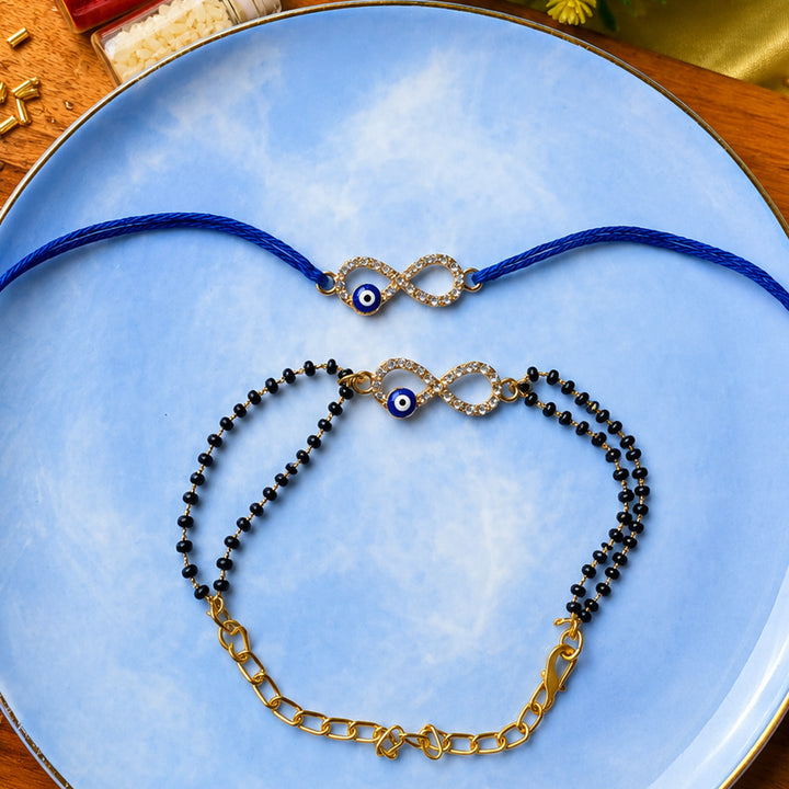Handmade Infinity Evil Eye Charm Rakhi & Lumba With Roli Chawal For Bhaiya Bhabhi | Set Of 2