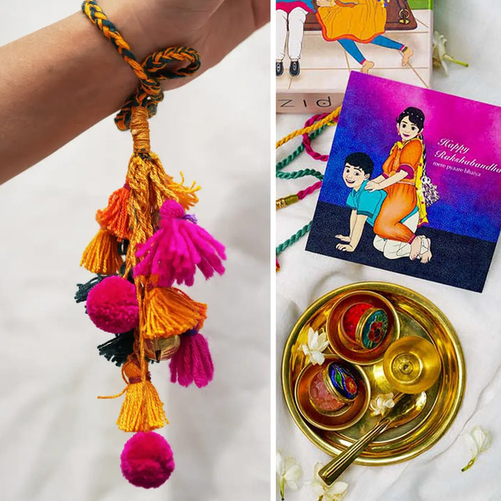 1 pc Lumba + Brass Thali Set | Premium Nakhrewali Multicolour Lumba with Roli Chawal