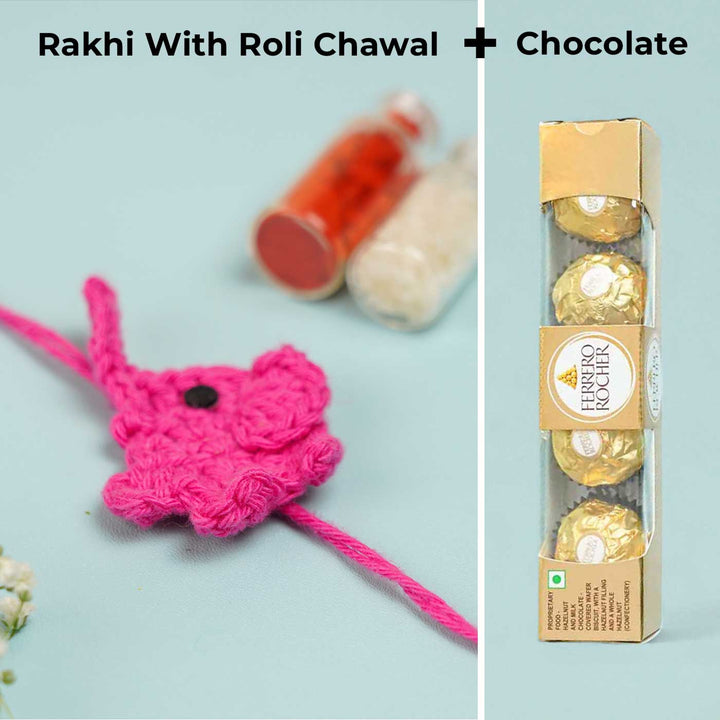 Customized Handmade Crochet Elephant Theme Rakhi With Roli Chawal - Pink Rakhi with Packaging