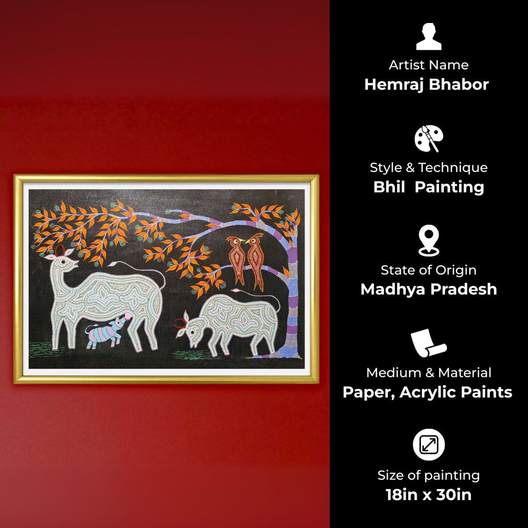 18 x 30 Inch | Cow Family | Original Hand Painted Bhill Painting | Acrylic Paints On Canvas
