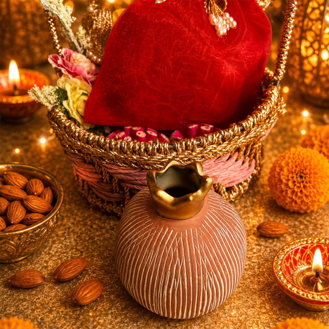 Rangoli Pink Basket Diwali Gift Hamper With 2 Shubh Labh Potlis And Almonds For Festive Gifting