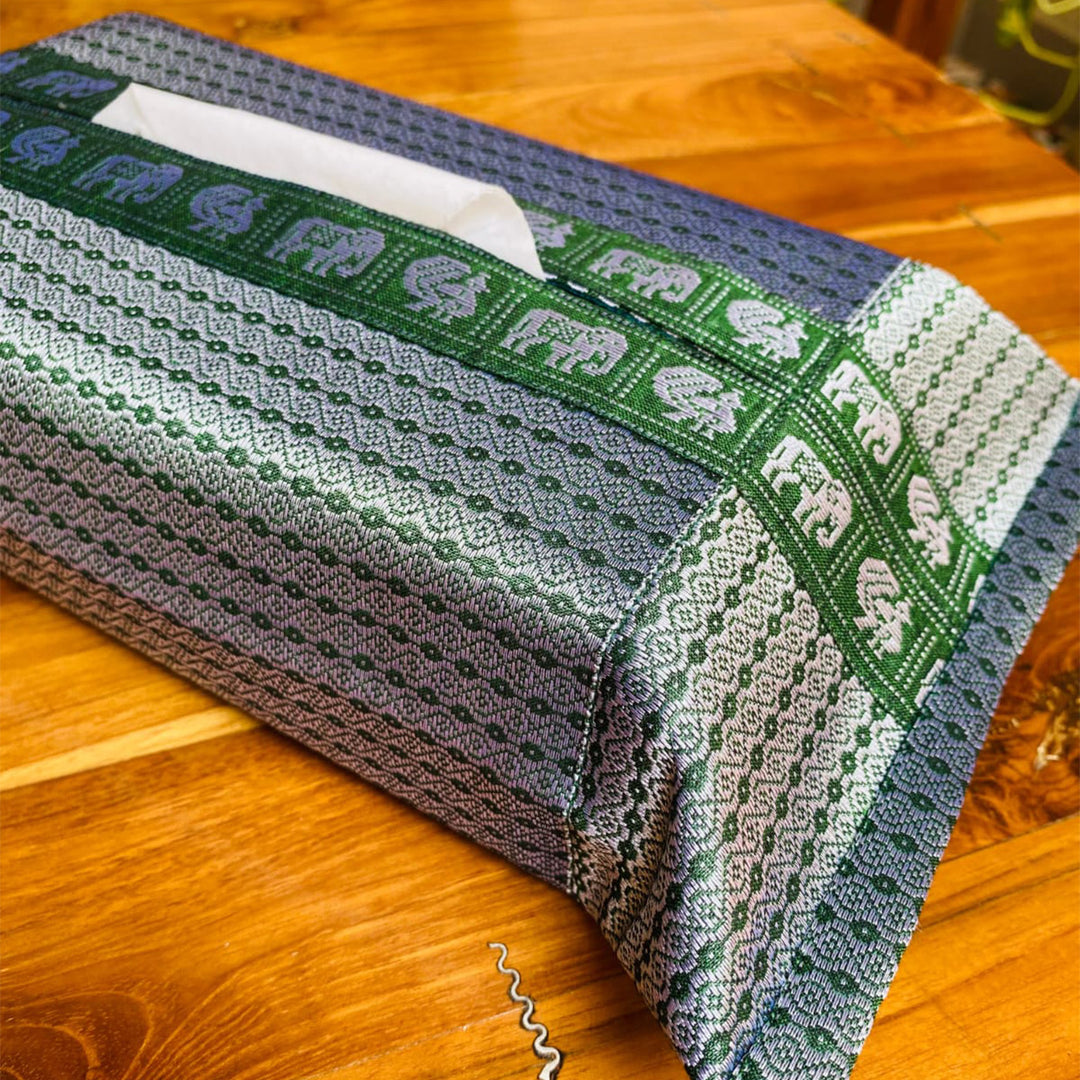 Handmade Grey Elephant & Peacock Motif Khunn Fabric Cotton Tissue Box Cover