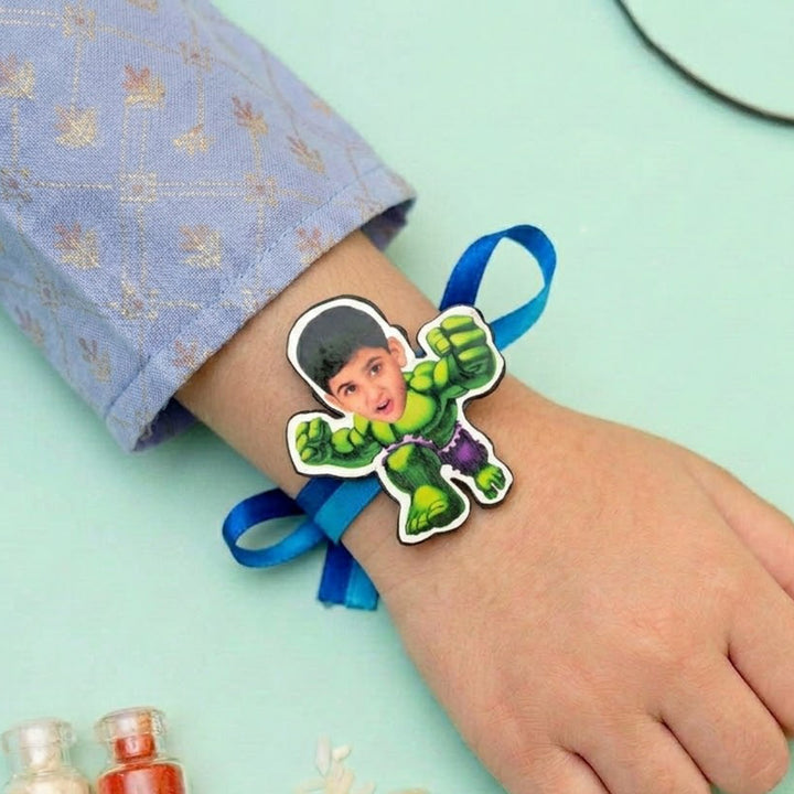 Photo Personalized Reusable X-Large Hulk MDF Wood Rakhi With Roli Chawal