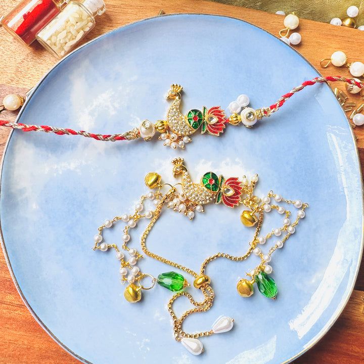Handmade Peacock Motif Kundan Pearl Rakhi & Lumba With Roli Chawal For Bhaiya Bhabhi | Set Of 2