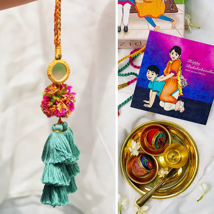 1 pc Lumba + Brass Thali Set | Premium Pyar Ka Rang Tassels Lumba with Roli Chawal