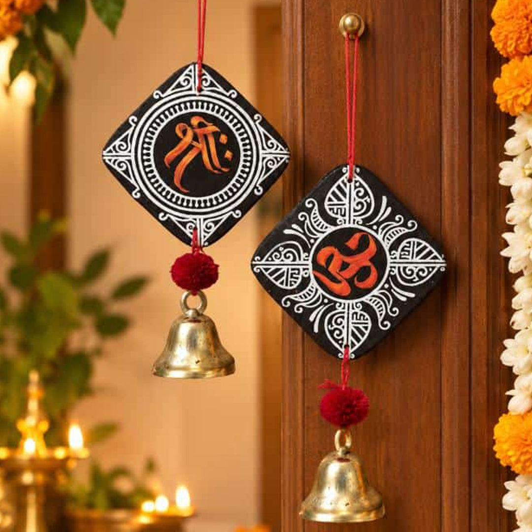 2 Pc | Handcrafted Om Shree MDF Door Hangings with Bells & Pom-Poms