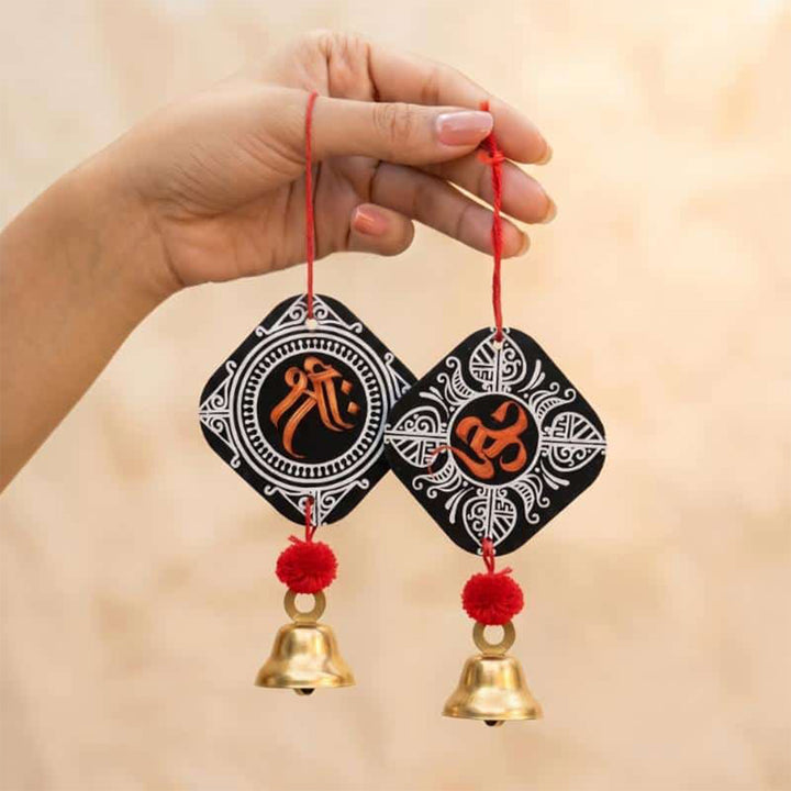 2 Pc | Handcrafted Om Shree MDF Door Hangings with Bells & Pom-Poms