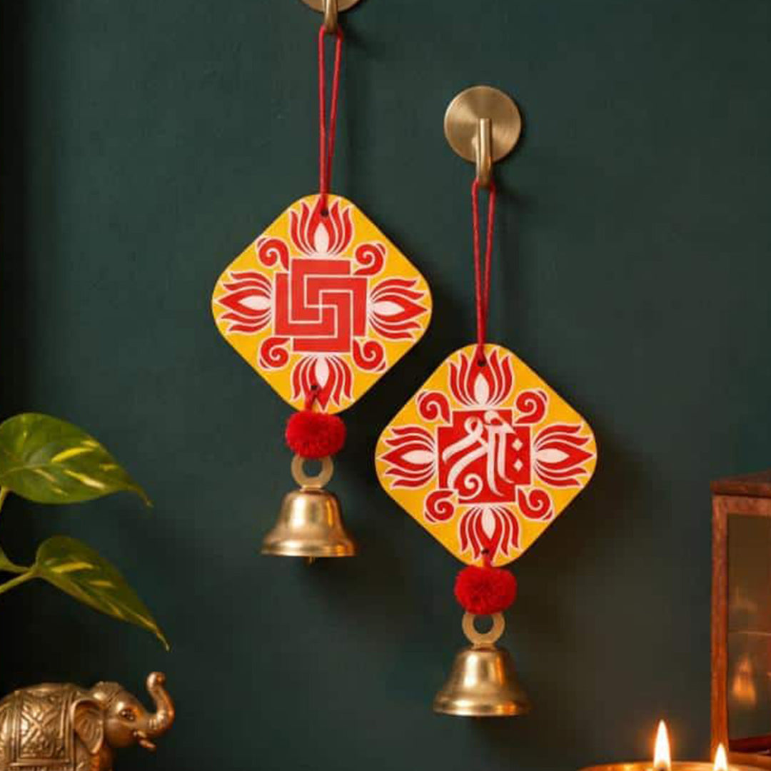 2 Pc | Handcrafted Shree Swastik MDF Door Hangings With Bells & Pom-Poms