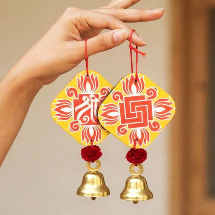 2 Pc | Handcrafted Shree Swastik MDF Door Hangings With Bells & Pom-Poms